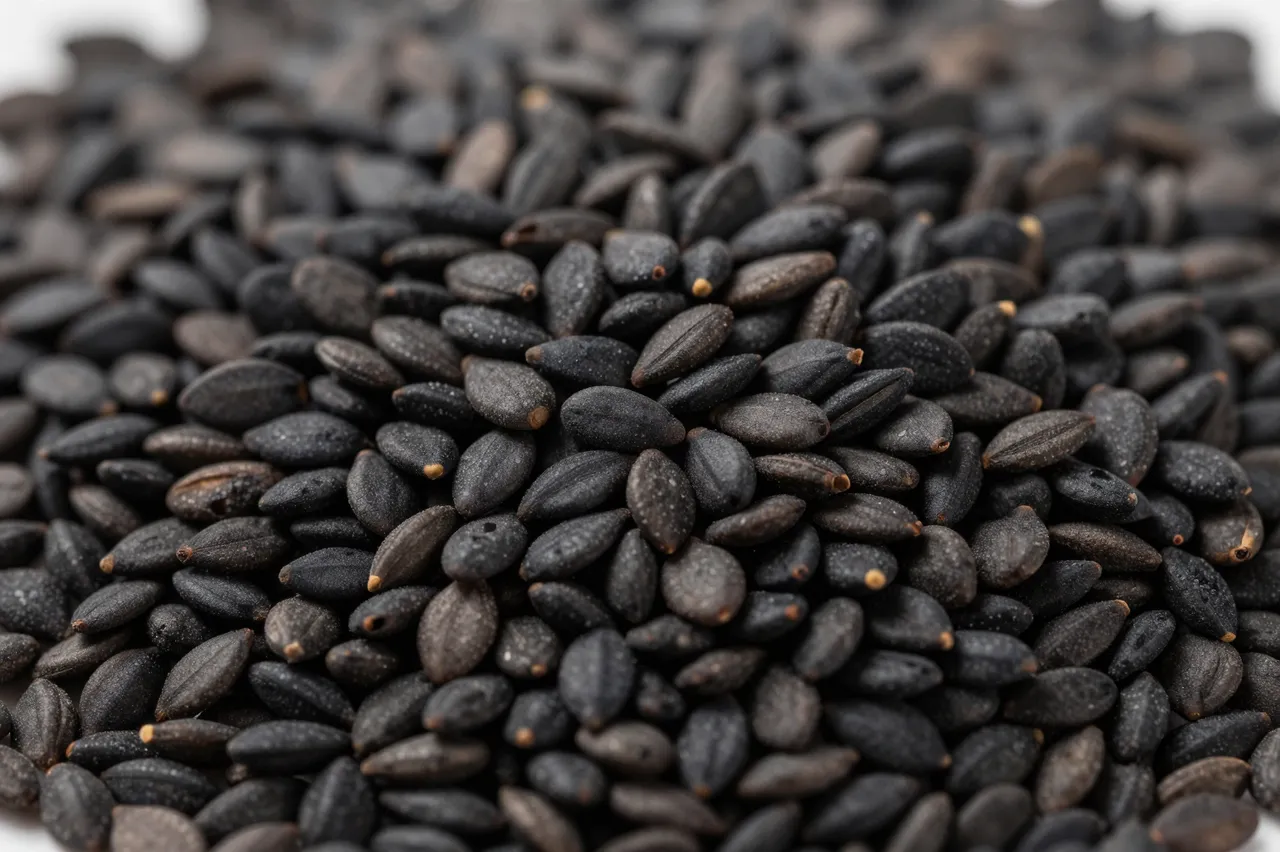 Macro close-up of a dense pile of whole black sesame seeds with shallow depth of field