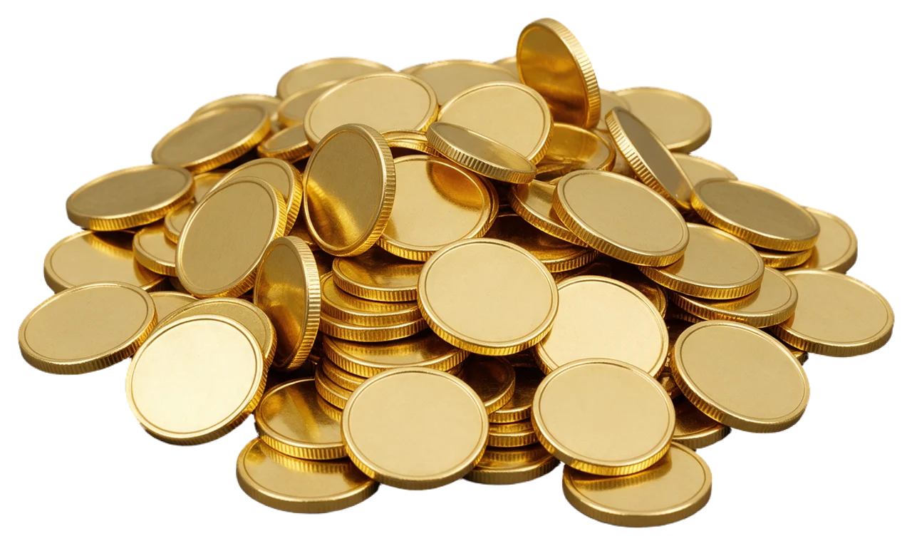A pile of smooth blank ridged gold coins, some standing on edge against the stack