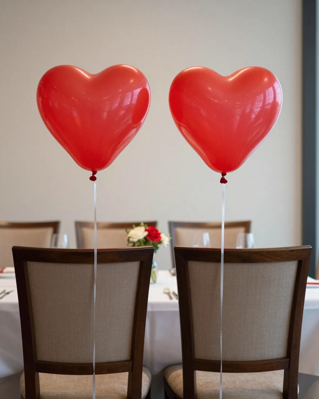 Two red heart balloons tied to dining chairs at a set anniversary dinner table