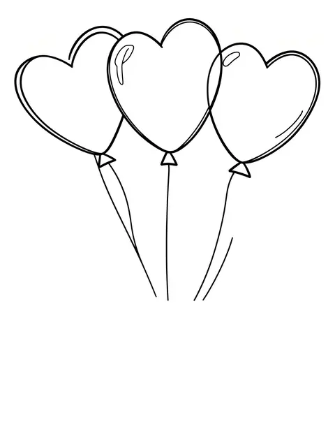 Black and white line drawing of three heart-shaped balloons with attached strings on a plain white background
