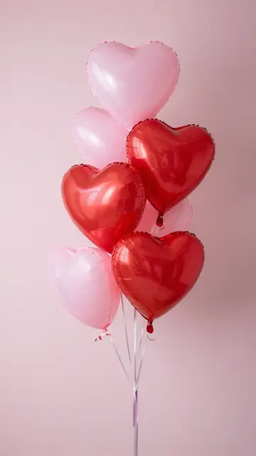A cluster of pink and red heart-shaped foil balloons stands against a solid pastel pink wall.