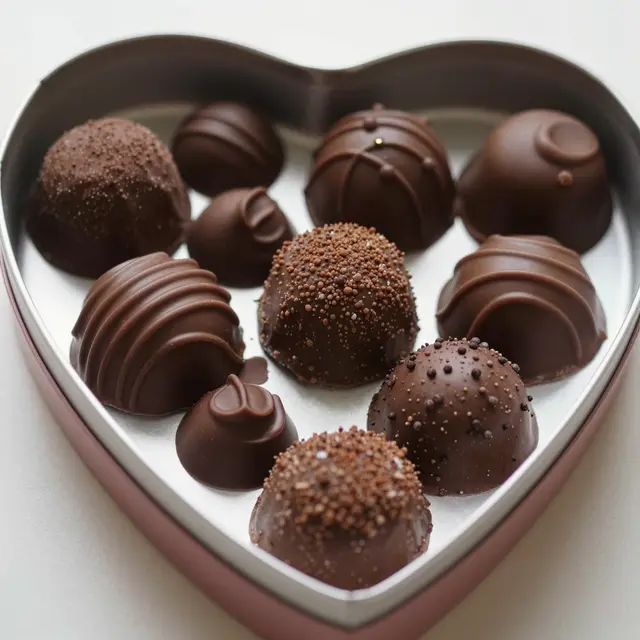 Assorted decorated chocolate truffles arranged inside an open heart-shaped gift box.