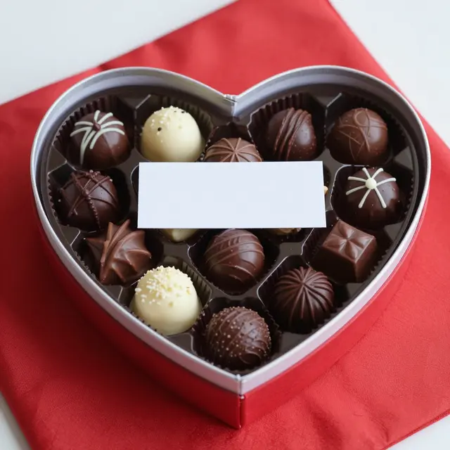 Open heart-shaped box of assorted chocolates sits on red satin with a blank gift card
