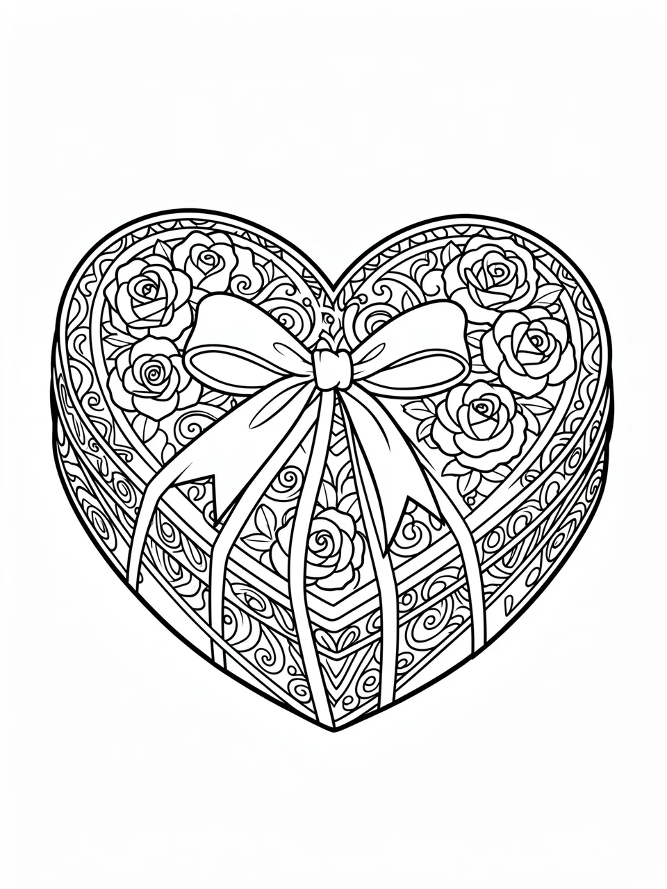 Intricate black and white line art of a heart-shaped chocolate box decorated with roses and a ribbon bow on a white