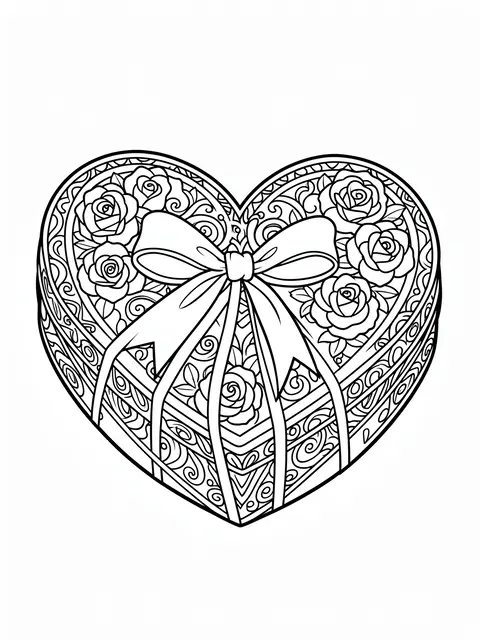 Intricate black and white line art of a heart-shaped chocolate box decorated with roses and a ribbon bow on a white