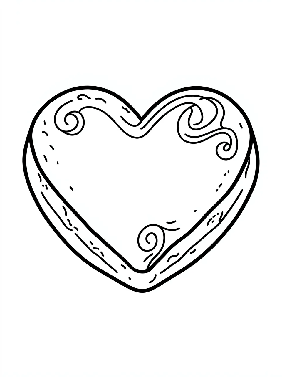 Bold black and white line drawing of a heart-shaped cookie with icing swirls on a plain white background