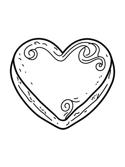 Bold black and white line drawing of a heart-shaped cookie with icing swirls on a plain white background