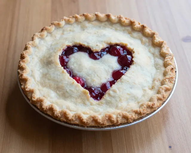 Baked cherry pie with a heart-shaped crust cutout sits on a light wooden table in a metal pie tin