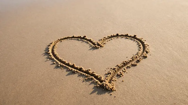 A hand-drawn heart outline rests in smooth warm-toned beach sand lit by soft golden sunset light