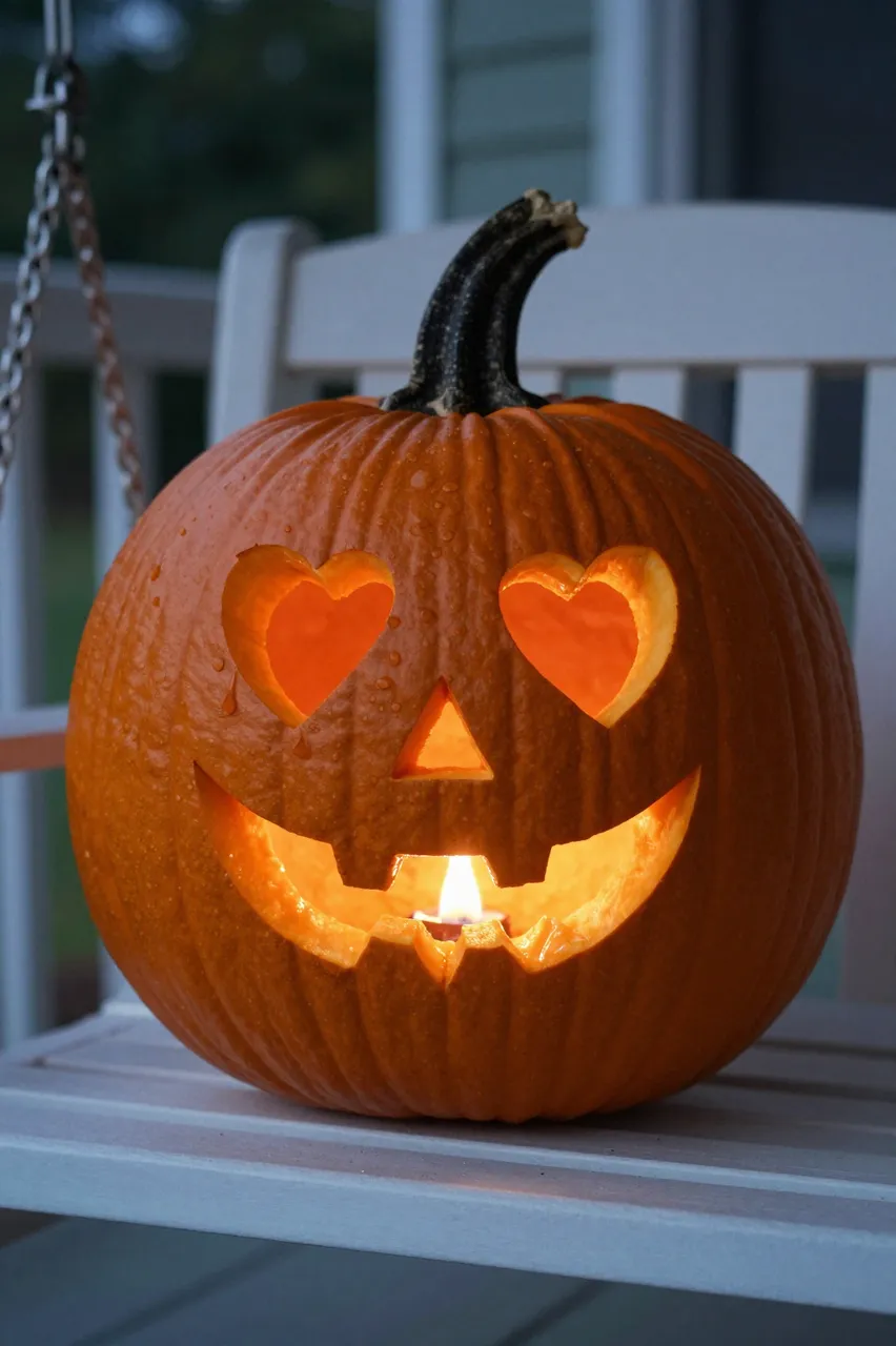 Lit heart-eyed jack-o'-lantern sits on a white porch swing at dusk