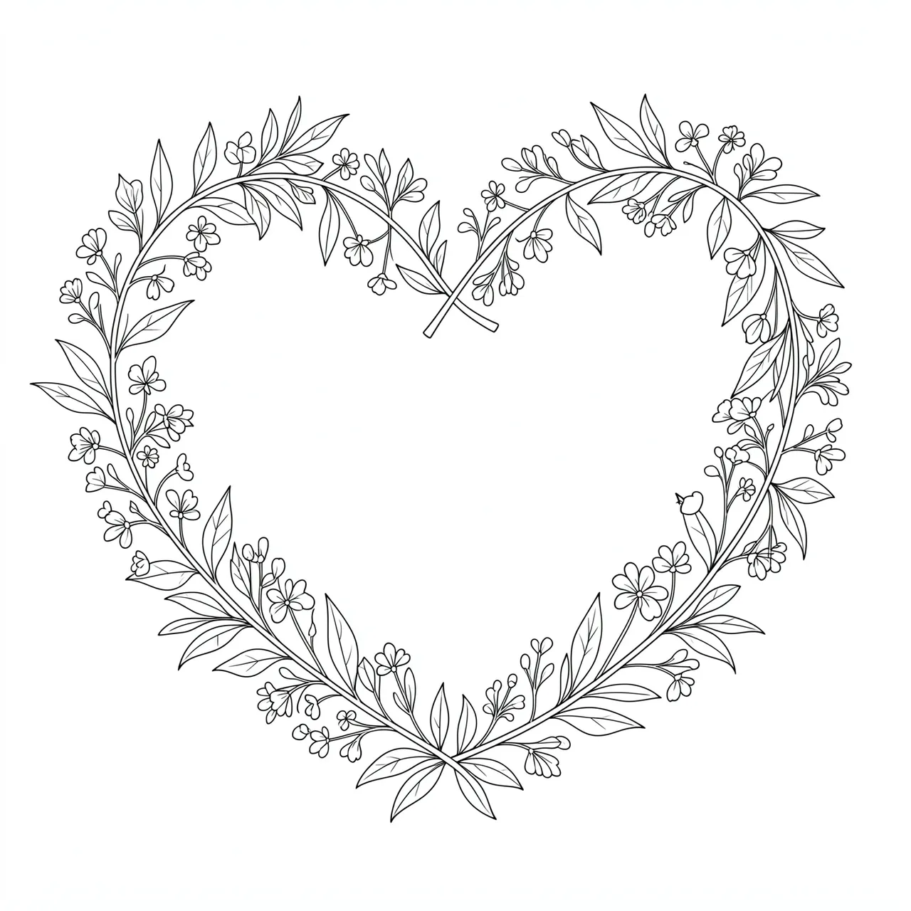 Delicate fine line art of a heart-shaped leaf and flower wreath on a plain white background
