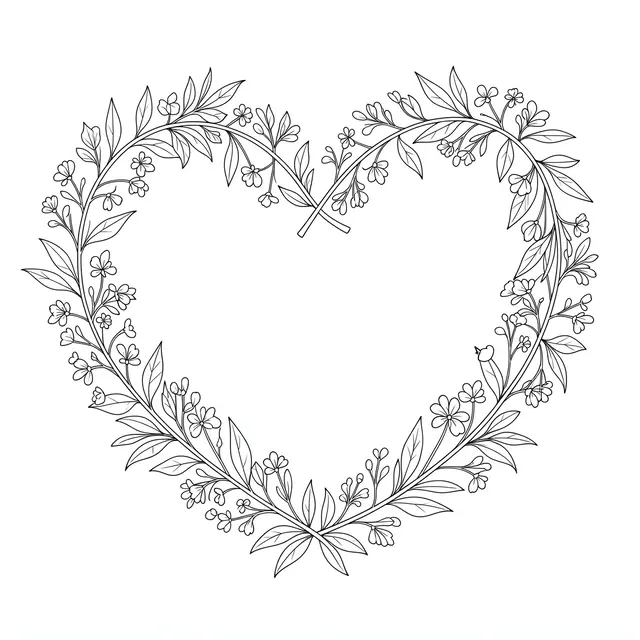 Delicate fine line art of a heart-shaped leaf and flower wreath on a plain white background