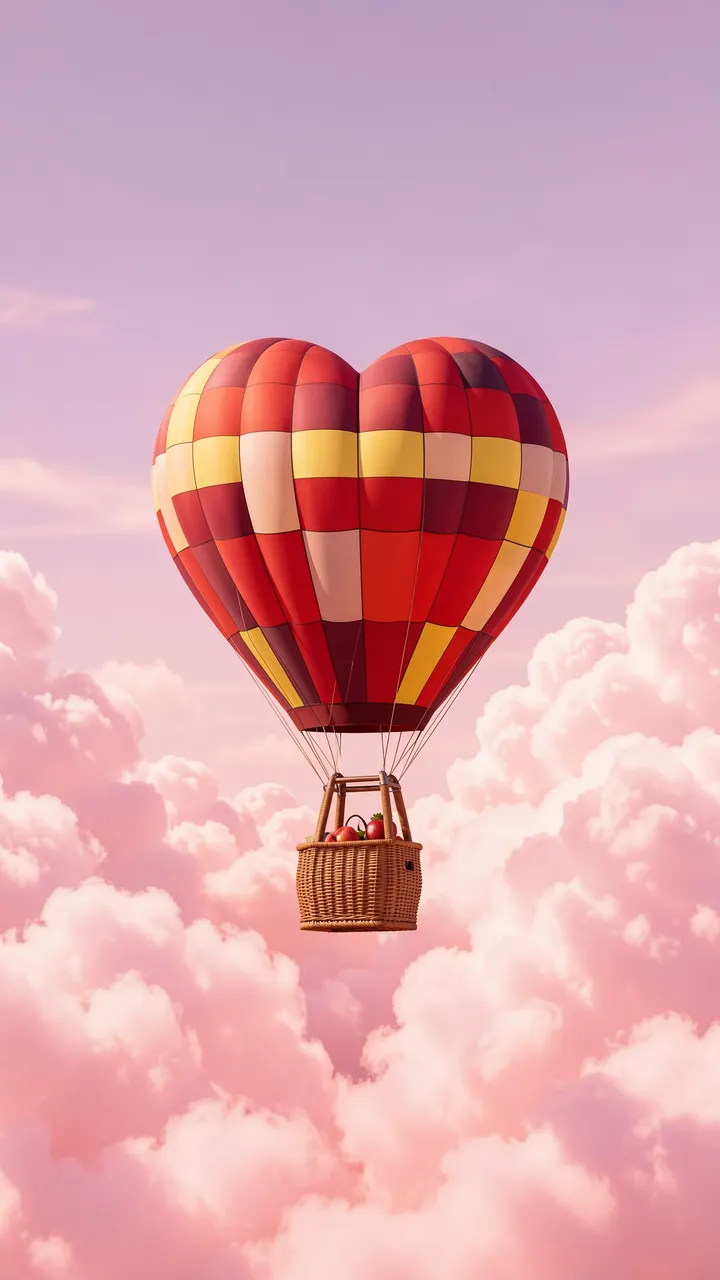 A heart-shaped patterned hot air balloon floats above fluffy pink clouds against a soft pastel sky