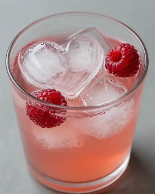 Close-up of a glass of pink lemonade with heart-shaped ice cubes and fresh raspberries