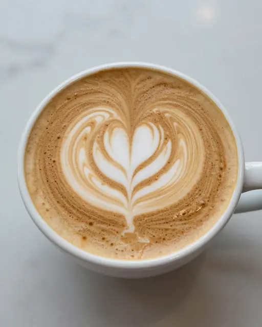 Top-down view of a white coffee cup holding a latte with heart latte art on a light marble table.