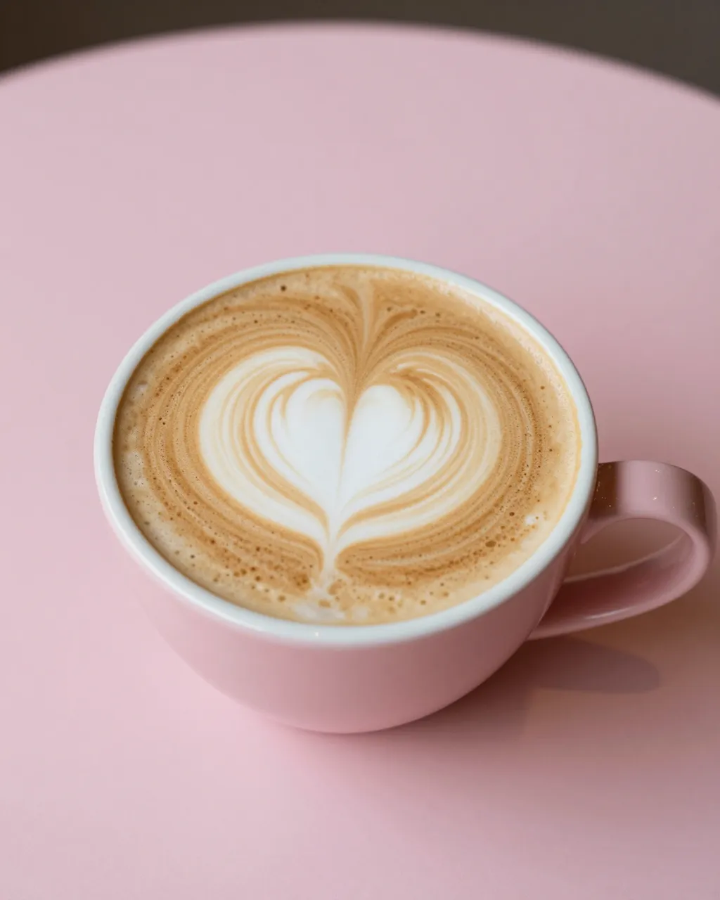 Top view of a pink ceramic latte cup with heart foam art resting on a matching pink table
