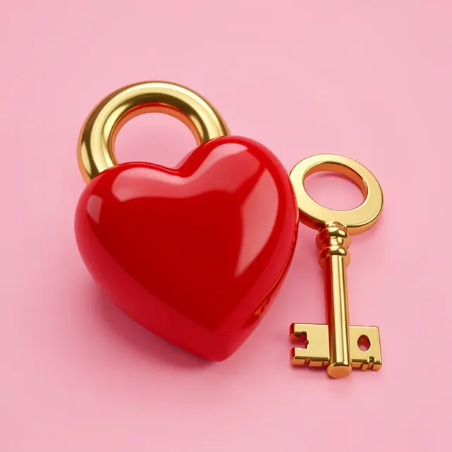 Glossy red heart-shaped padlock and small golden key rest on a soft pink backdrop