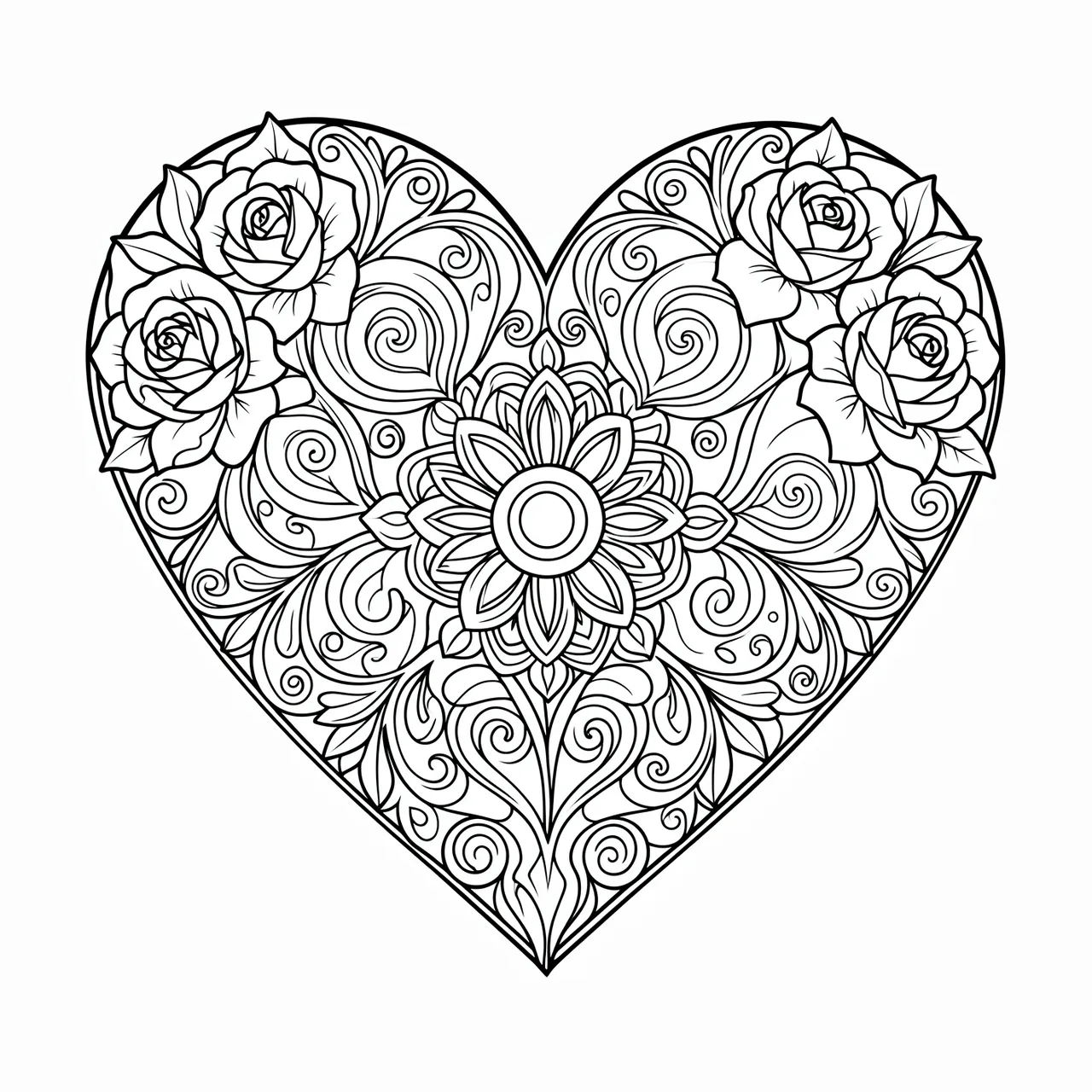 Black and white line art of an intricate heart mandala decorated with roses and swirls on a plain white background