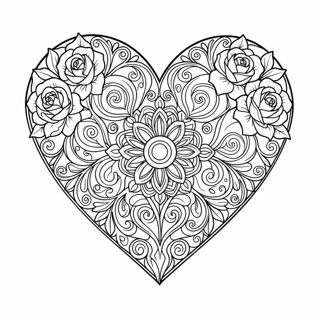 Black and white line art of an intricate heart mandala decorated with roses and swirls on a plain white background