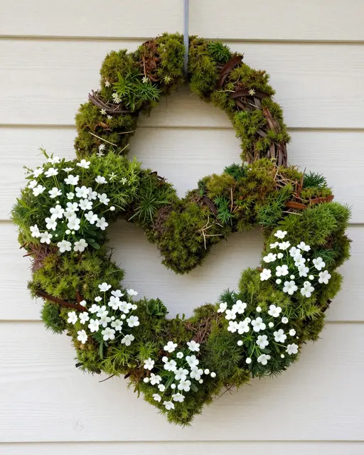 A double heart-shaped moss wreath with small white flowers hangs from a cord on pale horizontal wood siding.