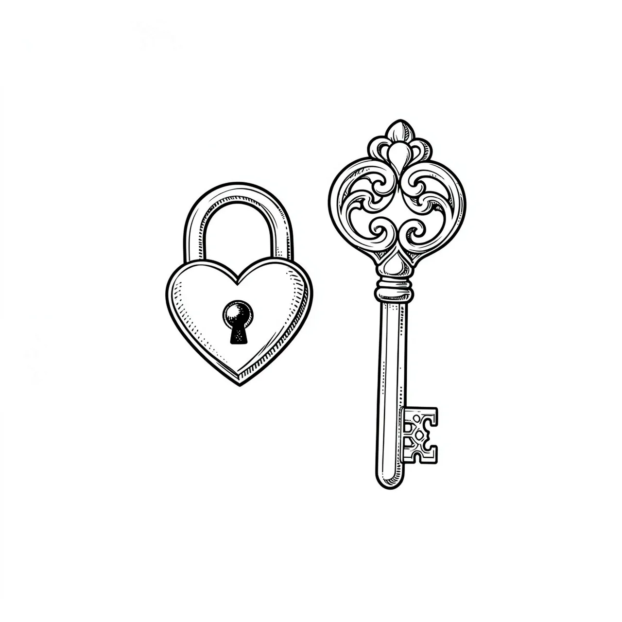 Fine black line art of a heart-shaped padlock and an ornate vintage key on a plain white background