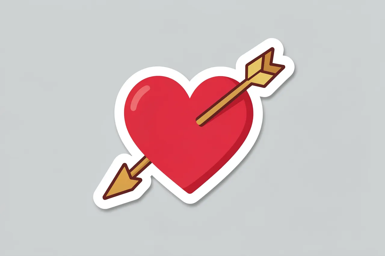 Die-cut sticker of a red heart pierced by an arrow with a thick white border set on a plain light gray background