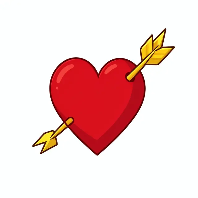 Cartoon red heart pierced by a golden arrow isolated on a plain white background