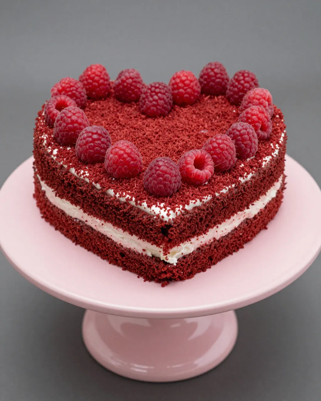 Heart shaped red velvet cake topped with fresh raspberries sits on a pink cake stand against a gray background