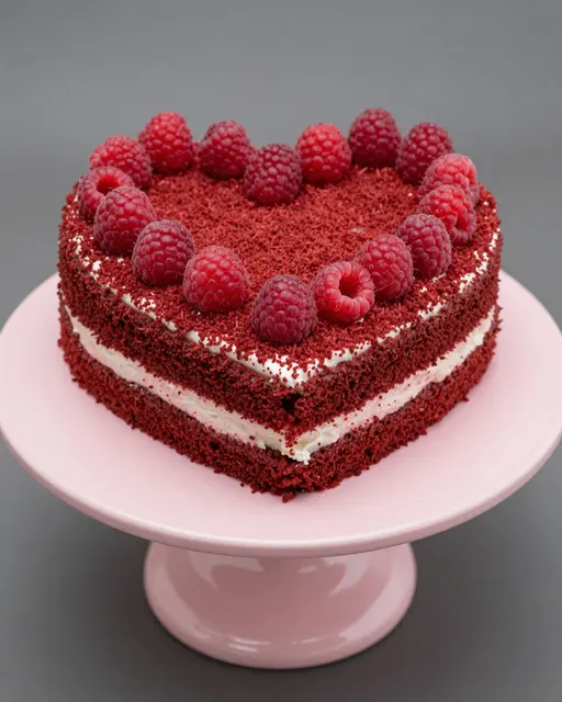 Heart shaped red velvet cake topped with fresh raspberries sits on a pink cake stand against a gray background