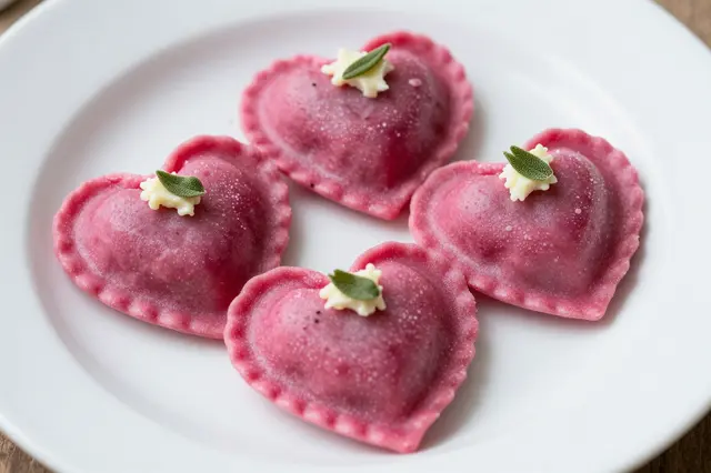 Four pink heart-shaped beet ravioli topped with sage and butter sit on a white plate
