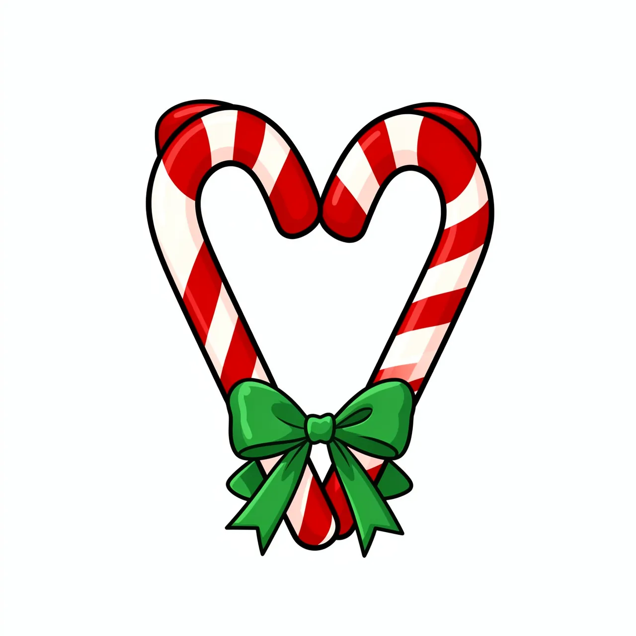Two red and white striped Christmas candy canes arranged in a heart, tied with a green ribbon bow on a plain white background