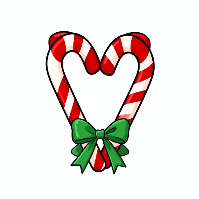 Two red and white striped Christmas candy canes arranged in a heart, tied with a green ribbon bow on a plain white background