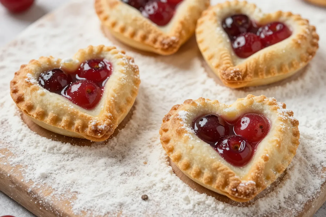 Four heart-shaped cherry hand pies dusted with powdered sugar sit on a floured wooden board