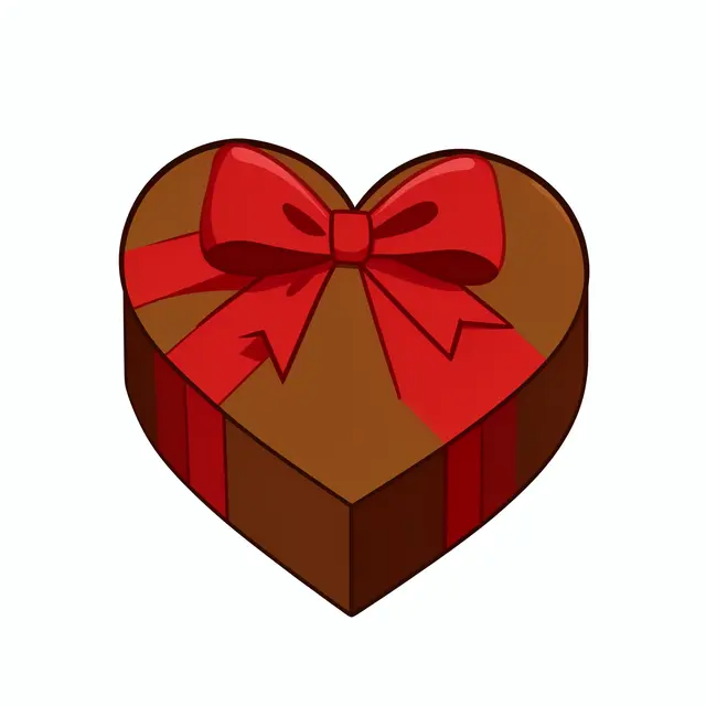 Flat clipart illustration of a brown heart-shaped gift box tied with a bright red bow, isolated on a plain white background
