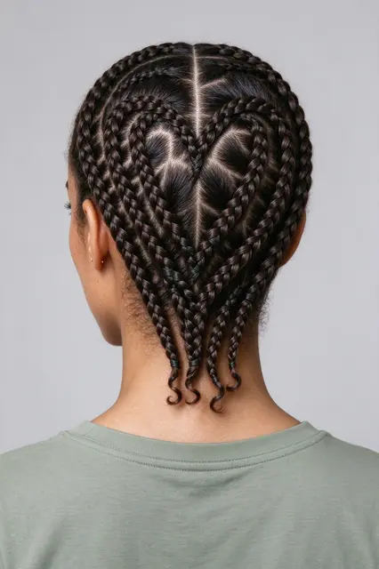 Back view of a woman displaying intricate heart-shaped cornrow braids against a plain gray background