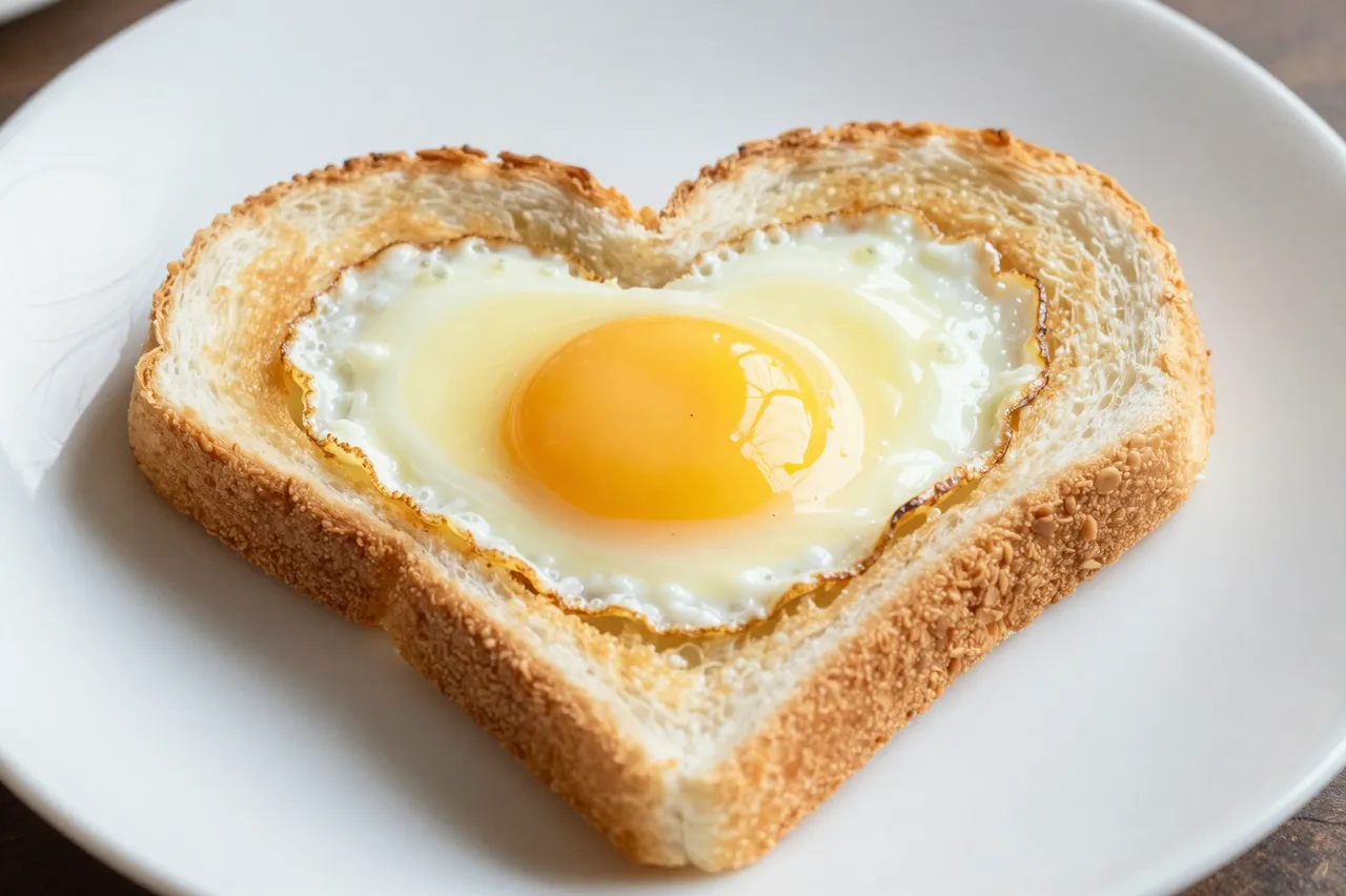 Fried egg in a heart shaped cutout of toasted bread resting on a white plate
