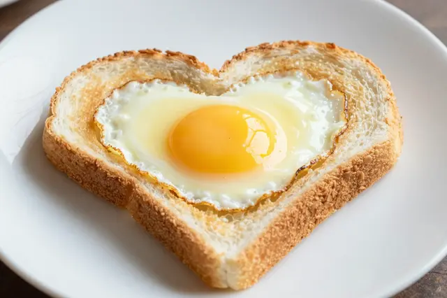 Fried egg in a heart shaped cutout of toasted bread resting on a white plate