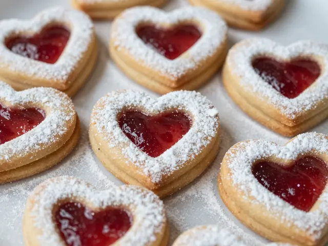 Close-up of heart-shaped raspberry jam linzer cookies dusted with powdered sugar arranged on a light surface