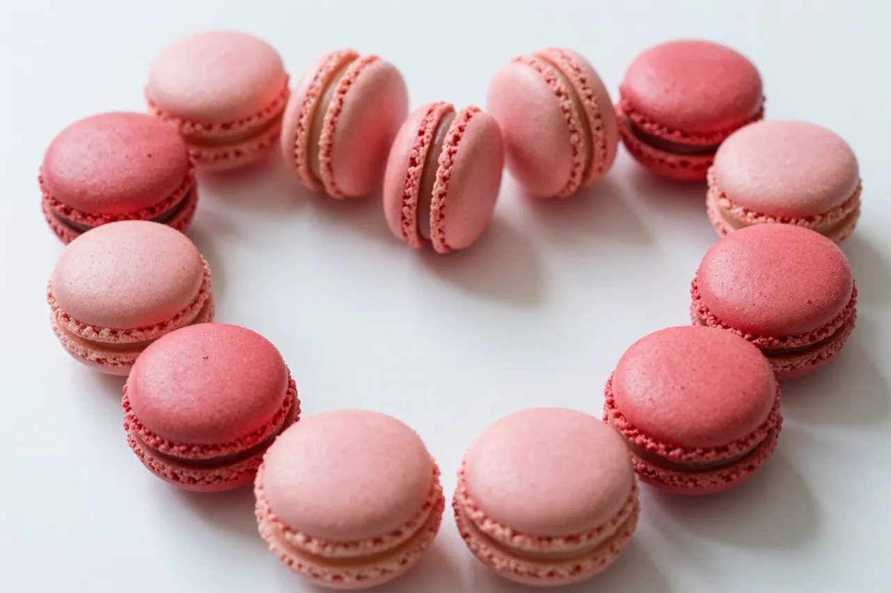 Pink and red macarons arranged in a neat heart shape on a plain white surface