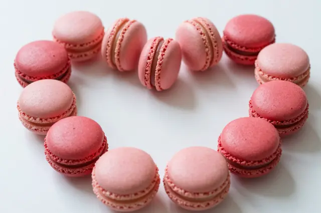 Pink and red macarons arranged in a neat heart shape on a plain white surface