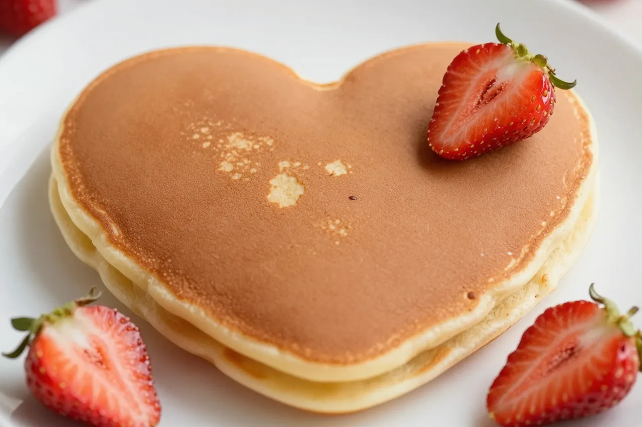 Stacked heart-shaped pancakes topped with sliced fresh strawberries sit on a white ceramic plate.