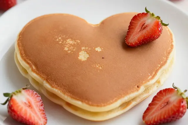Stacked heart-shaped pancakes topped with sliced fresh strawberries sit on a white ceramic plate.