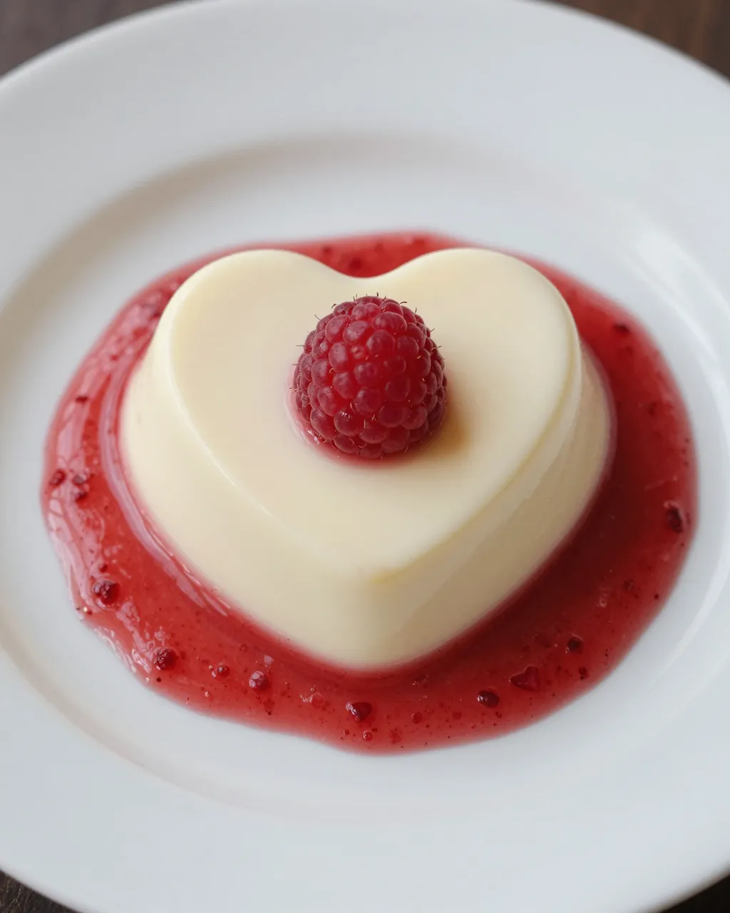 Heart-shaped panna cotta topped with a raspberry, surrounded by berry sauce on a white plate.