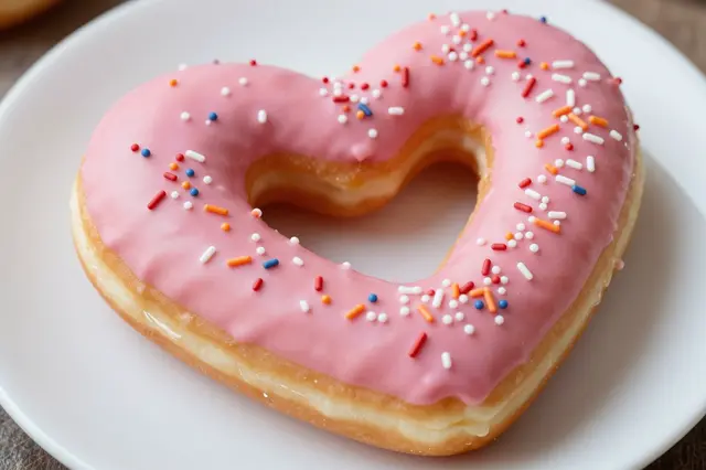 A heart-shaped donut with pink icing and multicolor sprinkles sits on a plain white plate.