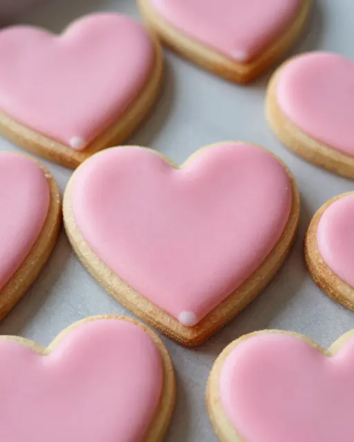 Heart-shaped sugar cookies with smooth pink icing arranged on light parchment paper.