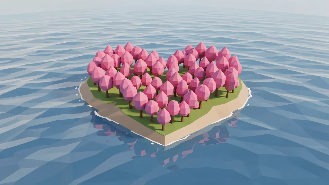 Low poly 3D render of a heart-shaped island with pink trees floating in a calm blue sea