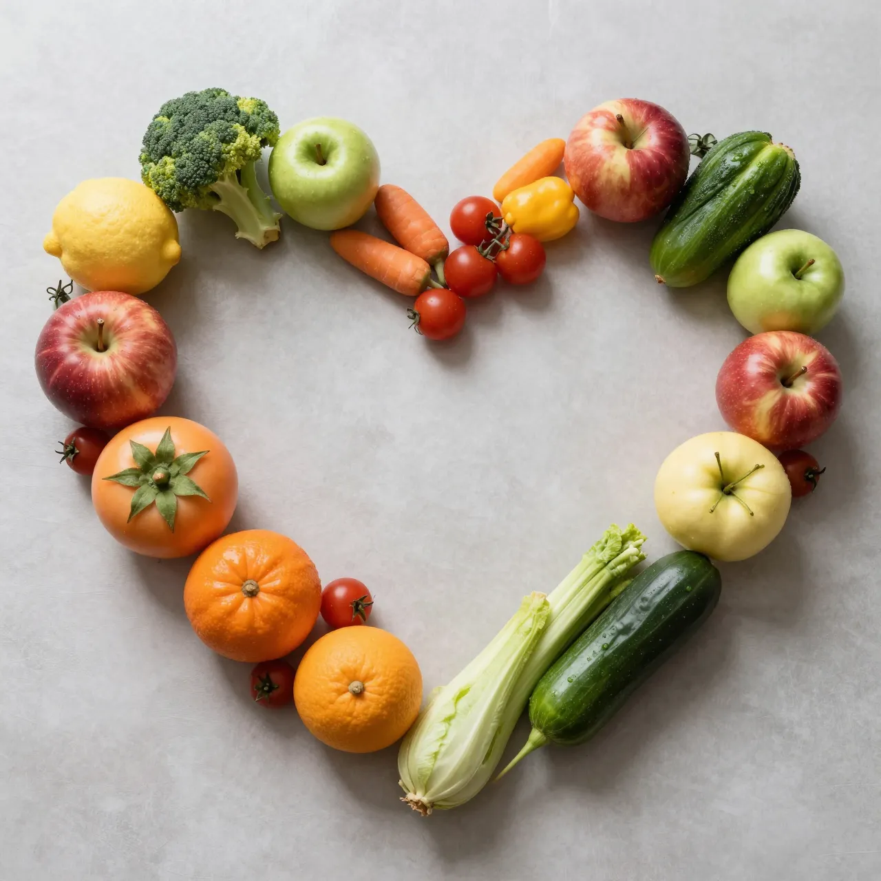 Top view of assorted fruits and vegetables arranged into a heart shape on a light gray surface