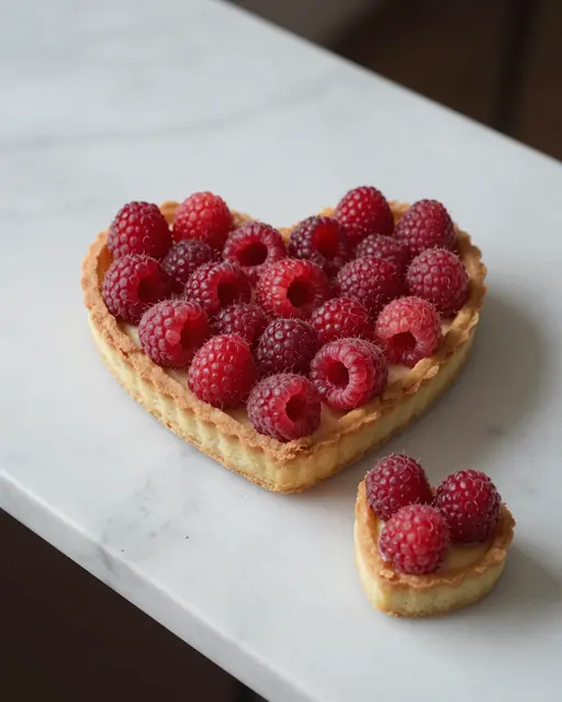 Two heart-shaped raspberry tartlets resting on a smooth white marble countertop