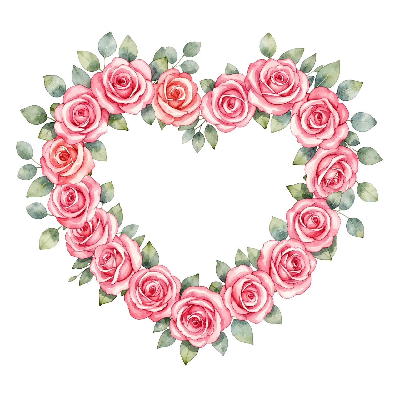 Watercolor heart wreath of pink roses and eucalyptus leaves on a plain white background