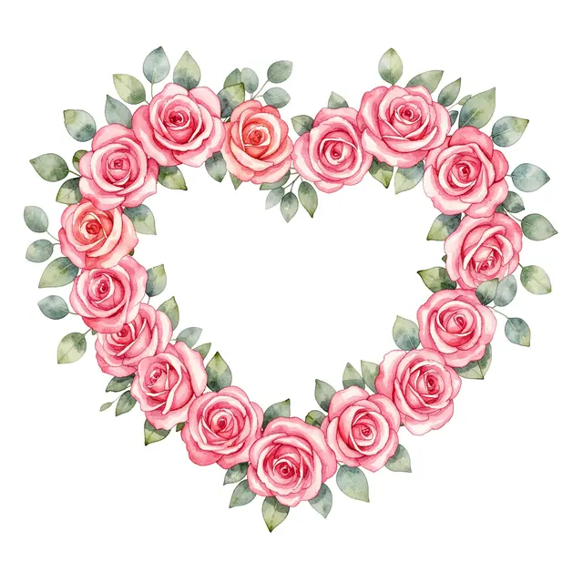 Watercolor heart wreath of pink roses and eucalyptus leaves on a plain white background